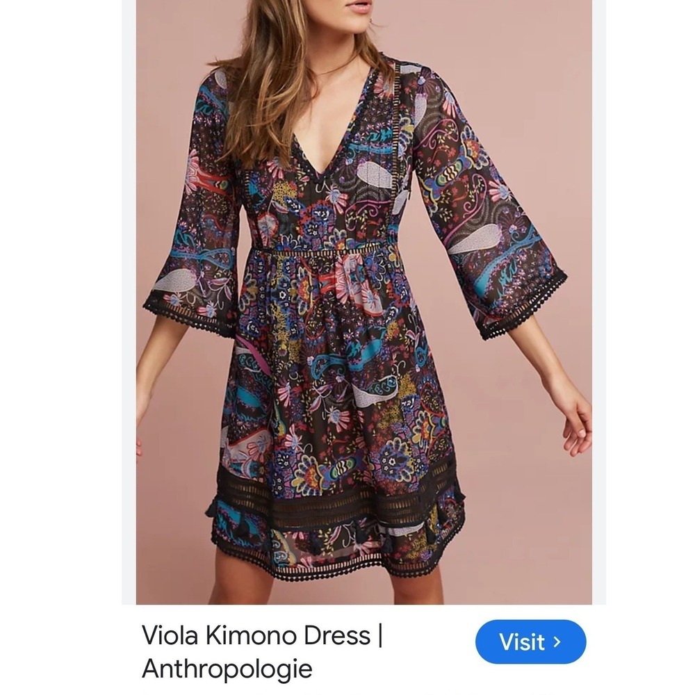 Ranna Gill Anthropologie Viola Kimono Dress Paisley Mini Black Size 4 - Picture 4 of 5